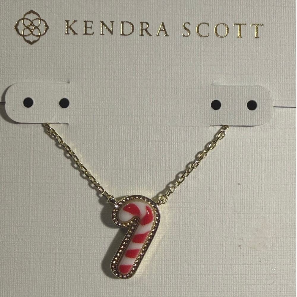 Kendra Scott Candy Cane Pendant Necklace Gold Enamel Holiday 16\" + 2\" NWT